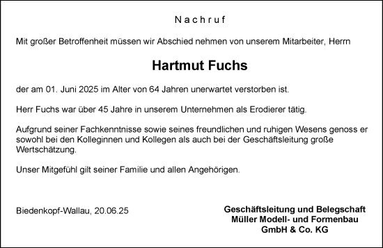 Traueranzeige von Hartmut Fuchs von Hinterländer Anzeiger