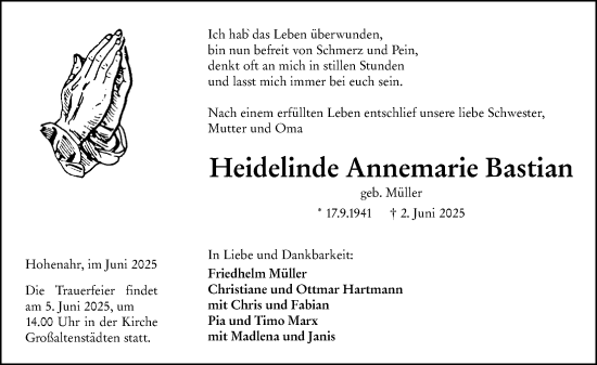 Traueranzeige von Heidelinde Annemarie Bastian von Wetzlarer Neue Zeitung