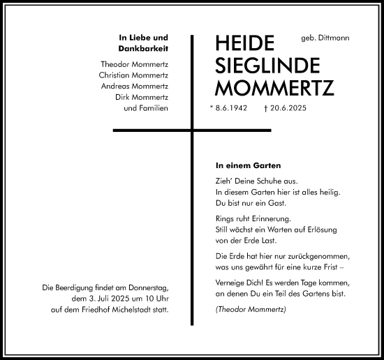 Traueranzeige von Heide Sieglinde Mommertz von Odenwälder Echo