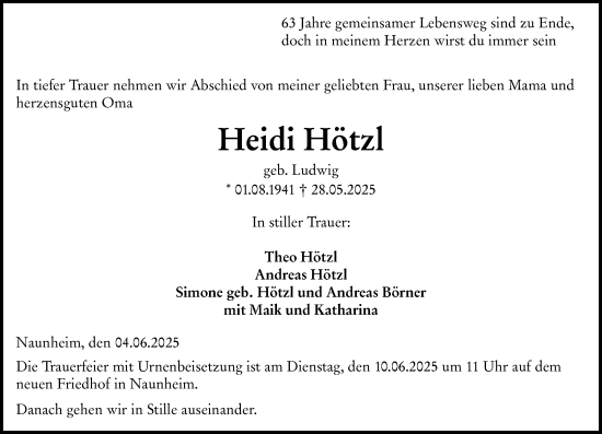 Traueranzeige von Heidi Hötzl von Wetzlarer Neue Zeitung