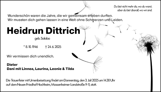 Traueranzeige von Heidrun Dittrich von Hochheimer Zeitung