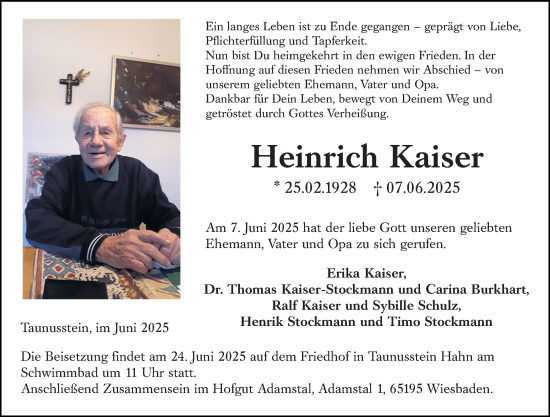 Traueranzeige von Heinrich Kaiser von Wiesbadener Kurier