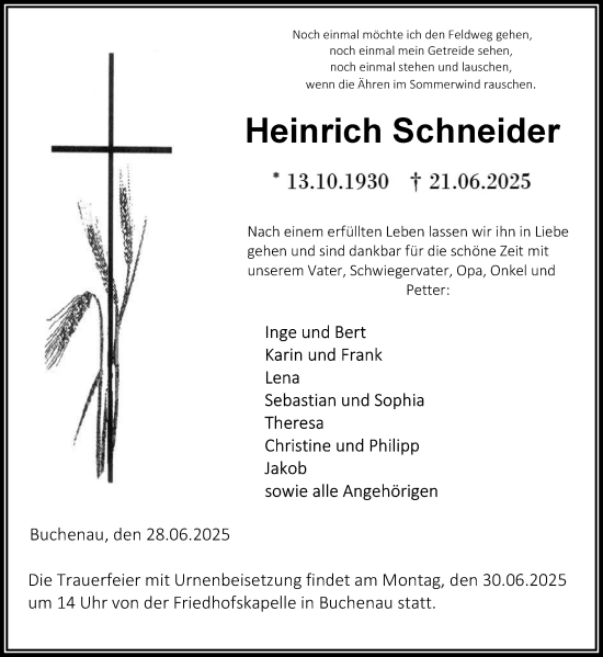Traueranzeige von Heinrich Schneider von Hinterländer Anzeiger
