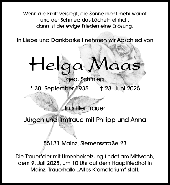 Traueranzeige von Helga Maas von Allgemeine Zeitung Mainz