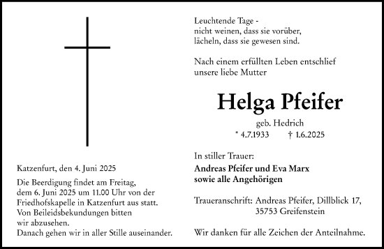 Traueranzeige von Helga Pfeifer von Dill Block