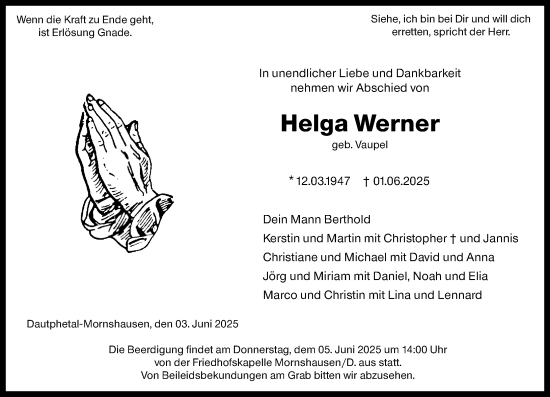 Traueranzeige von Helga Werner von Hinterländer Anzeiger