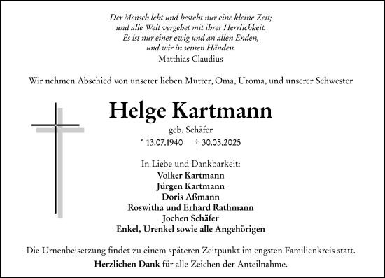 Traueranzeige von Helge Kartmann von Dill Block