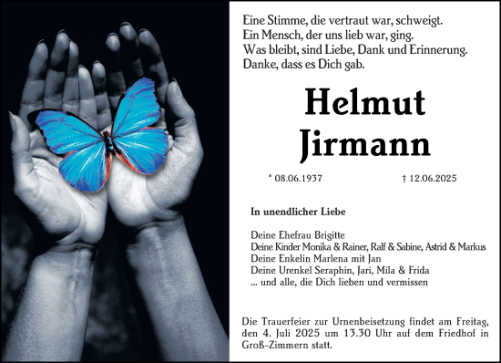 Traueranzeige von Helmut Jirmann von Dieburger Anzeiger/Groß-Zimmerner Lokal-Anzeiger