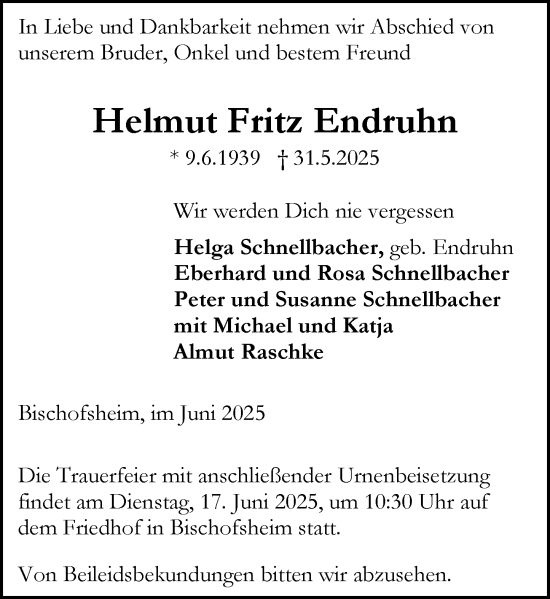 Traueranzeige von Helmut Fritz Endruhn von Rüsselsheimer Echo