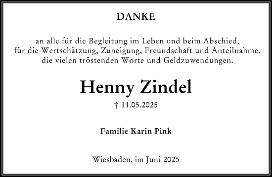 Traueranzeige von Henny Zindel von Wiesbadener Kurier