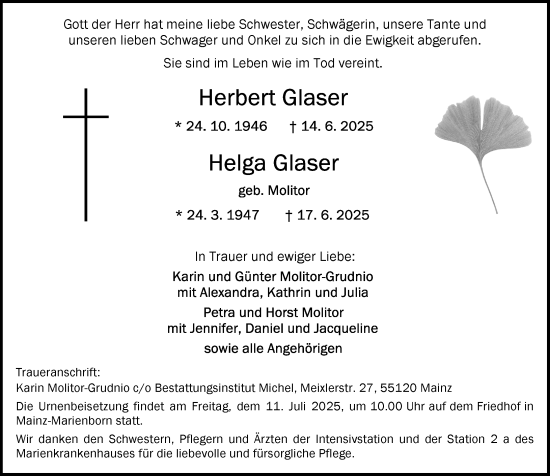 Traueranzeige von Herbert Glaser von Allgemeine Zeitung Mainz