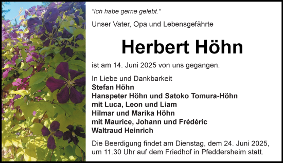 Traueranzeige von Herbert Höhn von Wormser Zeitung