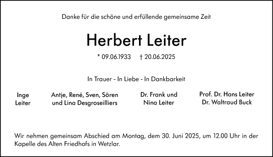 Traueranzeige von Herbert Leiter von Wetzlarer Neue Zeitung