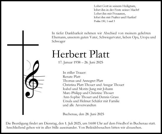 Traueranzeige von Herbert Platt von Hinterländer Anzeiger