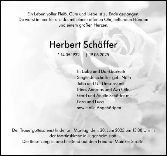Traueranzeige von Herbert Schäffer von Allgemeine Zeitung Rheinhessen-Nahe