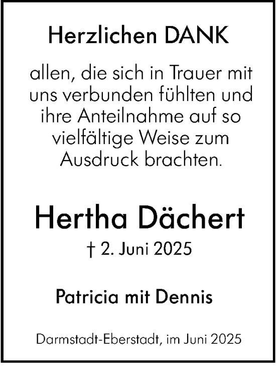 Traueranzeige von Hertha Dächert von Darmstädter Echo