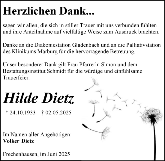 Traueranzeige von Hilde Dietz von Hinterländer Anzeiger