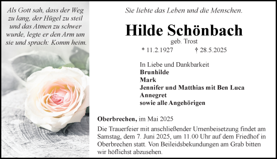 Traueranzeige von Hilde Schönbach von Camberger Anzeiger