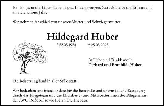 Traueranzeige von Hildegard Huber von Darmstädter Echo