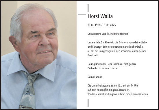 Traueranzeige von Horst Walta von Binger-/Ingelheimer Wochenblatt