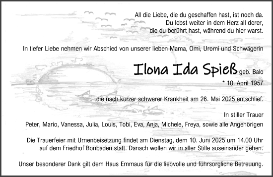 Traueranzeige von Ilona Ida Spieß von Wetzlarer Neue Zeitung