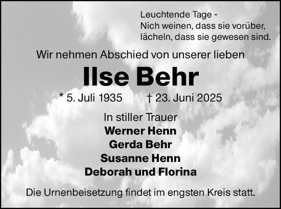 Traueranzeige von Ilse Behr von Wiesbadener Kurier