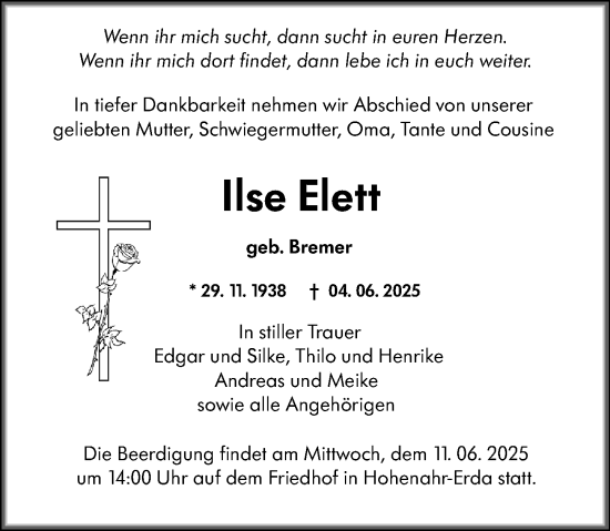 Traueranzeige von Ilse Elett von Wetzlarer Neue Zeitung
