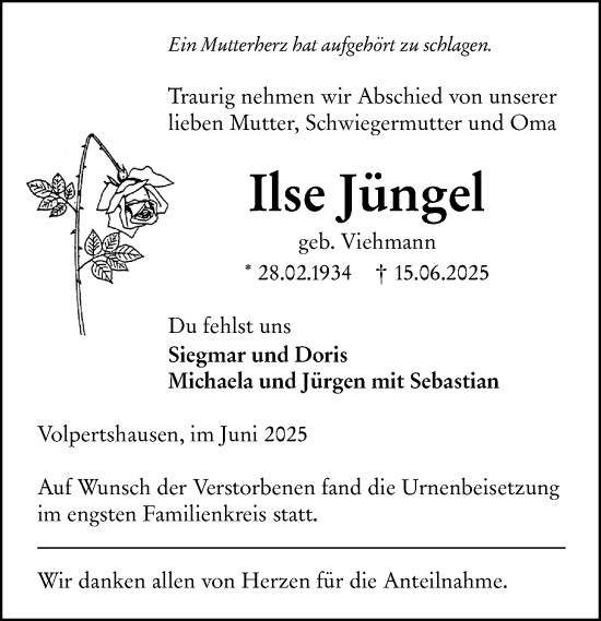 Traueranzeige von Ilse Jüngel von Wetzlarer Neue Zeitung