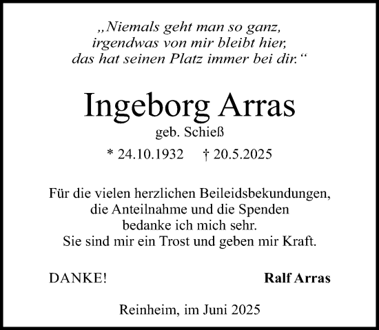 Traueranzeige von Ingeborg Arras von Darmstädter Echo
