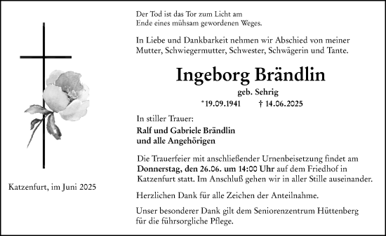 Traueranzeige von Ingeborg Brändlin von Wetzlarer Neue Zeitung