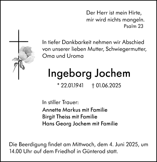 Traueranzeige von Ingeborg Jochem von Hinterländer Anzeiger