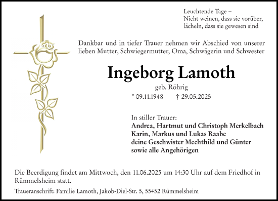 Traueranzeige von Ingeborg Lamoth von Allgemeine Zeitung Rheinhessen-Nahe