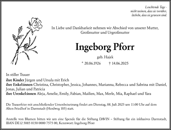 Traueranzeige von Ingeborg Pforr von Darmstädter Echo