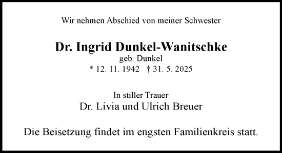 Traueranzeige von Ingrid Dunkel-Wanitschke von Allgemeine Zeitung Mainz