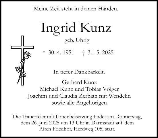 Traueranzeige von Ingrid Kunz von Darmstädter Echo
