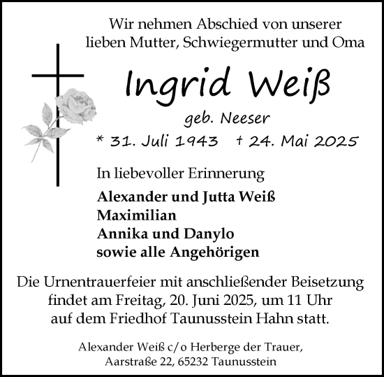 Traueranzeige von Ingrid Weiß von Wiesbadener Kurier