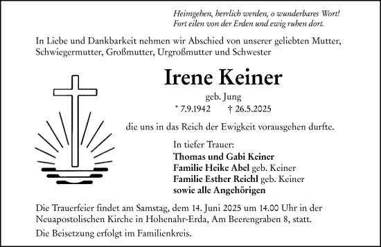 Traueranzeige von Irene Keiner von Wetzlarer Neue Zeitung