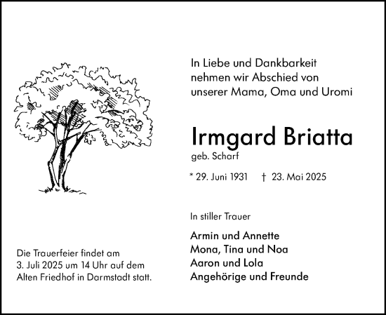 Traueranzeige von Irmgard Briatta von Darmstädter Echo