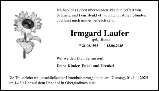 Traueranzeige von Irmgard Laufer von Wiesbadener Kurier