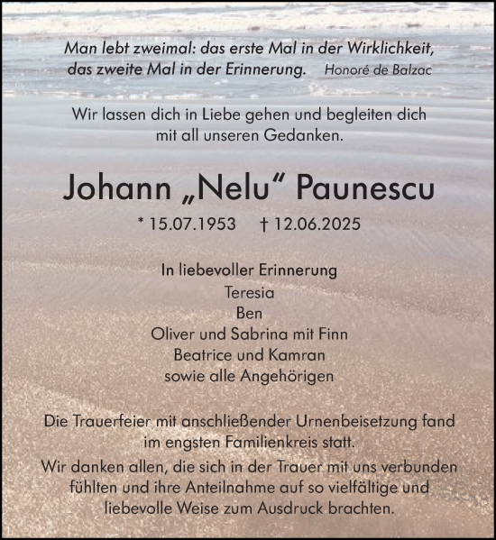 Traueranzeige von Johann Paunescu von Camberger Anzeiger