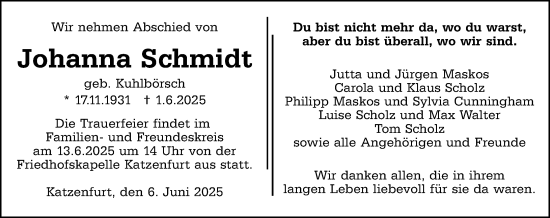 Traueranzeige von Johanna Schmidt von Wetzlarer Neue Zeitung