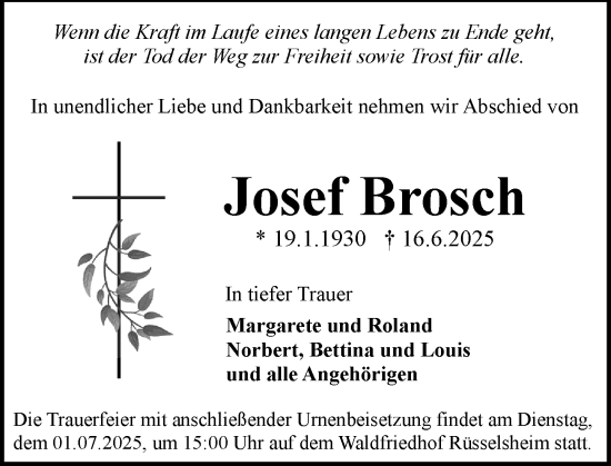 Traueranzeige von Josef Brosch von Rüsselsheimer Echo