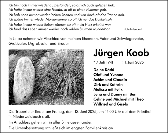 Traueranzeige von Jürgen Koob von Wetzlarer Neue Zeitung