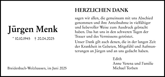 Traueranzeige von Jürgen Menk von Hinterländer Anzeiger