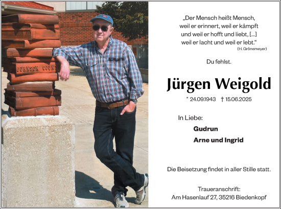 Traueranzeige von Jürgen Weigold von Hinterländer Anzeiger