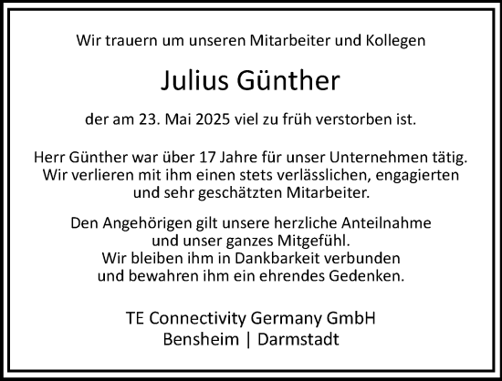 Traueranzeige von Julius Günther von Starkenburger Echo