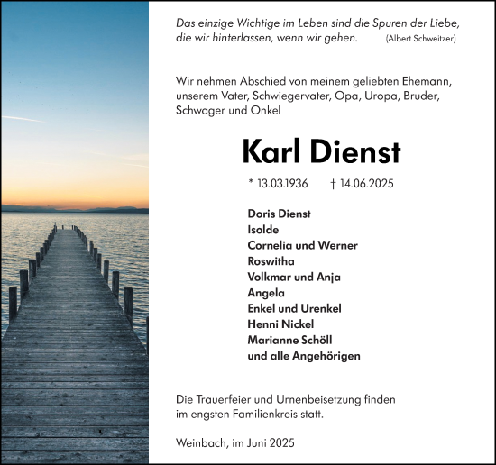 Traueranzeige von Karl Dienst von Weilburger Tageblatt
