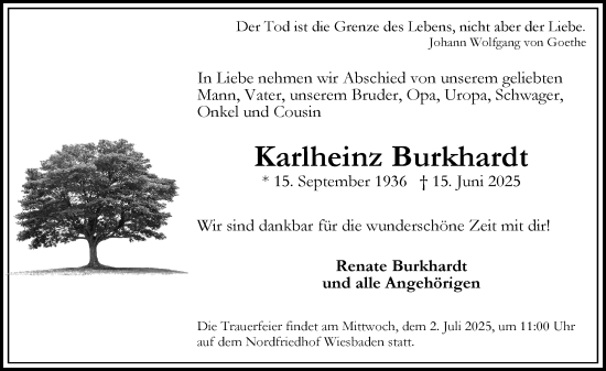 Traueranzeige von Karlheinz Burkhardt von Wiesbadener Kurier