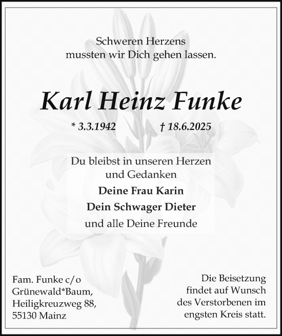 Traueranzeige von Karl Heinz Funke von Allgemeine Zeitung Mainz