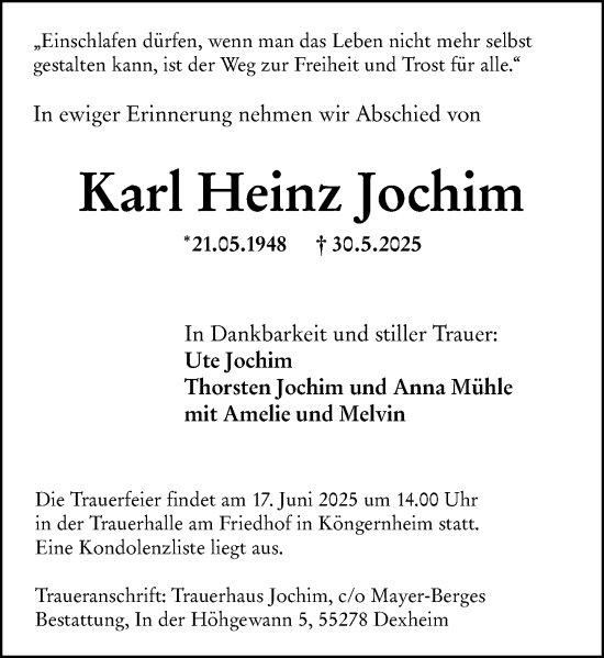 Traueranzeige von Karl Heinz Jochim von Allgemeine Zeitung Mainz